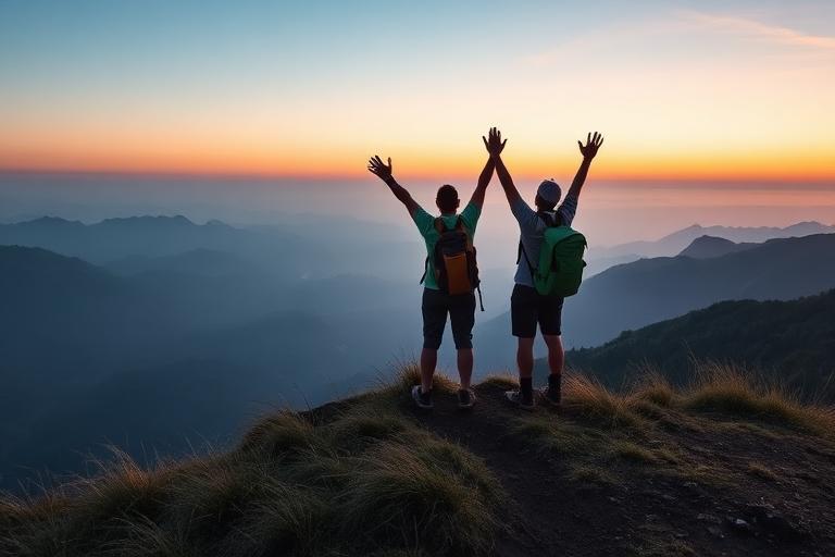 Hikers celebrating at sunrise